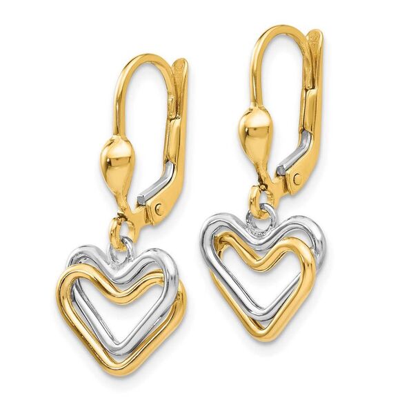 Two Tone Double Heart Lever Back Earrings in 14k Gold - Picture 2 of 5